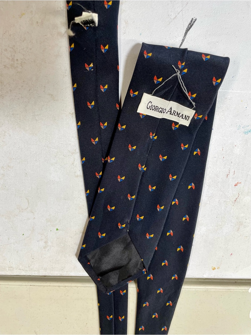 Giorgio Armani navy  Silk Tie with Red, Orange, Yellow & Blue Geo Motifs